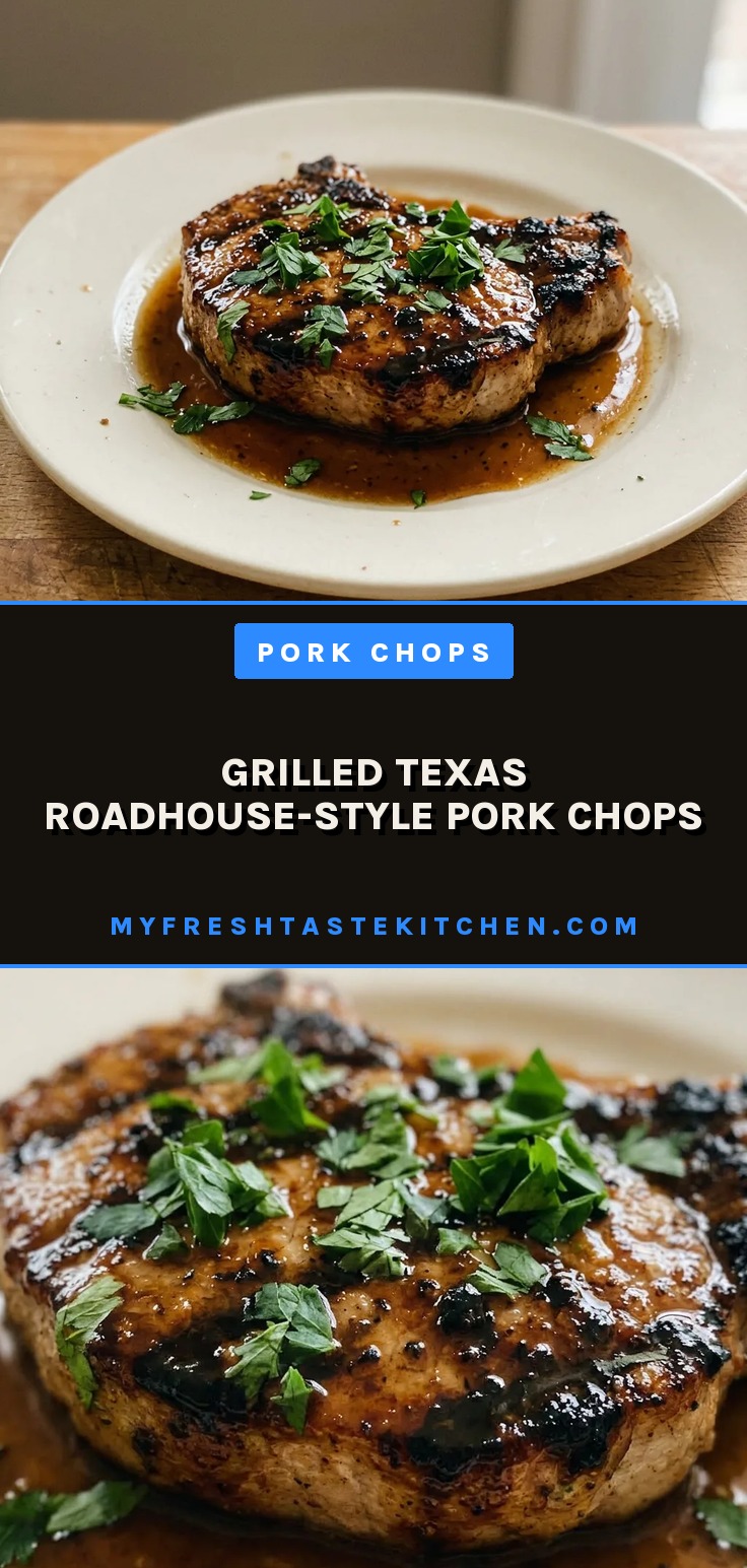 Looking down at two grilled pork chops with a glossy brown glaze, seasoned with black pepper and garlic powder.