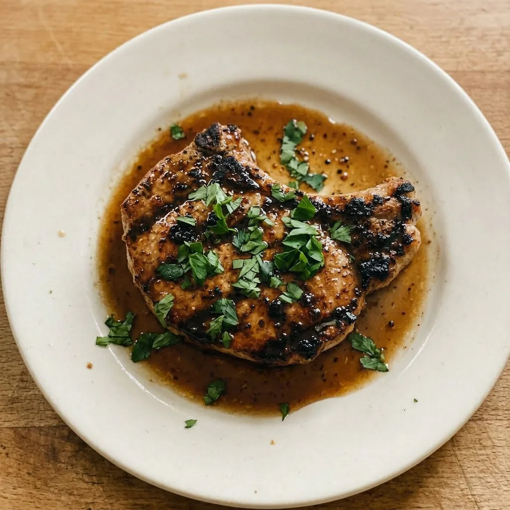 A plate of grilled pork chops, seasoned with Worcestershire sauce, brown sugar, onion powder, and black pepper.