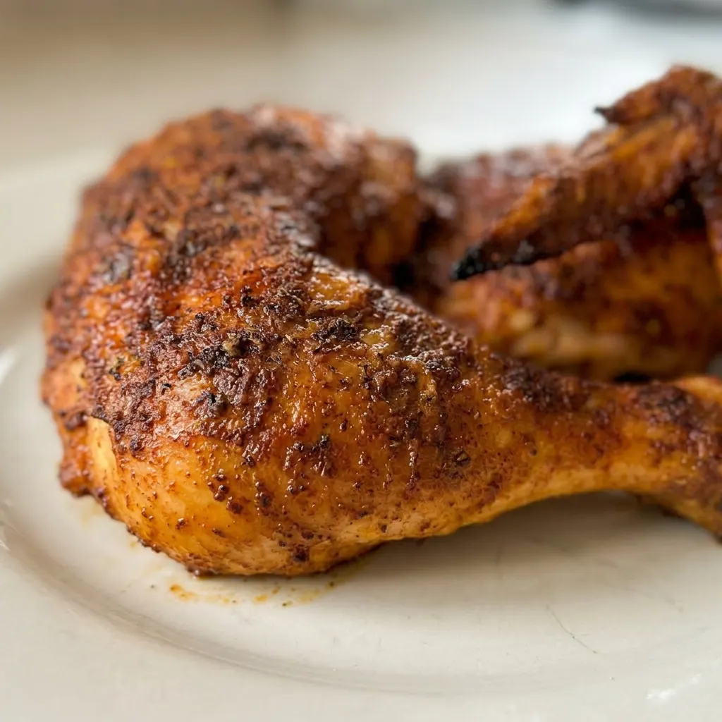 Zoomed in on a slice of roasted chicken breast, showing juicy meat and seasoned skin with paprika and garlic flecks.