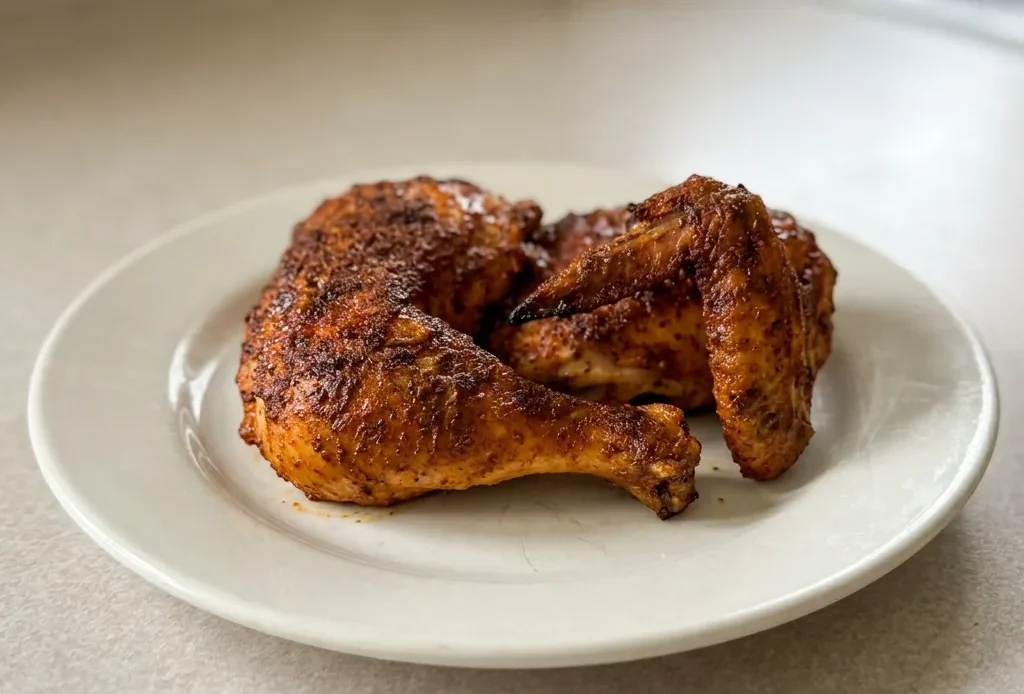 Bird's-eye view of a whole roasted chicken with crispy golden skin, seasoned with visible specks of herbs and spices.