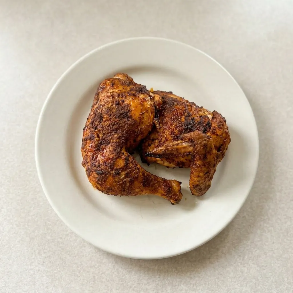 Ready to serve: a whole roasted chicken presented on a platter, garnished with fresh herbs and a light drizzle of olive oil.