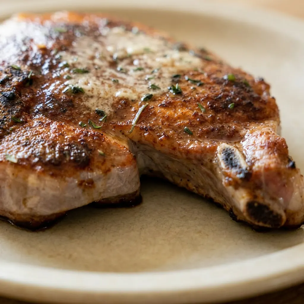 Up close, a seared pork chop with a caramelized brown sugar crust, butter melting over it, and visible paprika and chili powder specks.