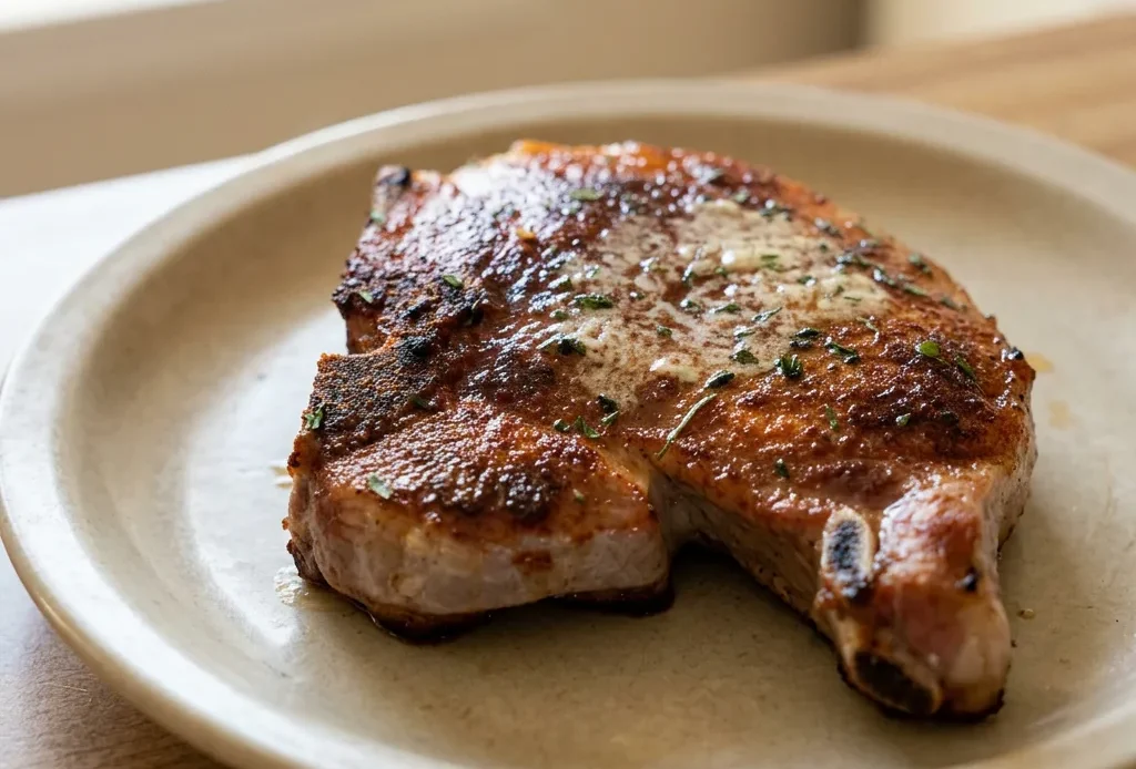 Looking down at two thick pork chops topped with butter and thyme sprigs, seasoned with salt, garlic powder, brown sugar, paprika, and chili powder.