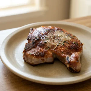 Looking down at two thick pork chops topped with butter and thyme sprigs, seasoned with salt, garlic powder, brown sugar, paprika, and chili powder.