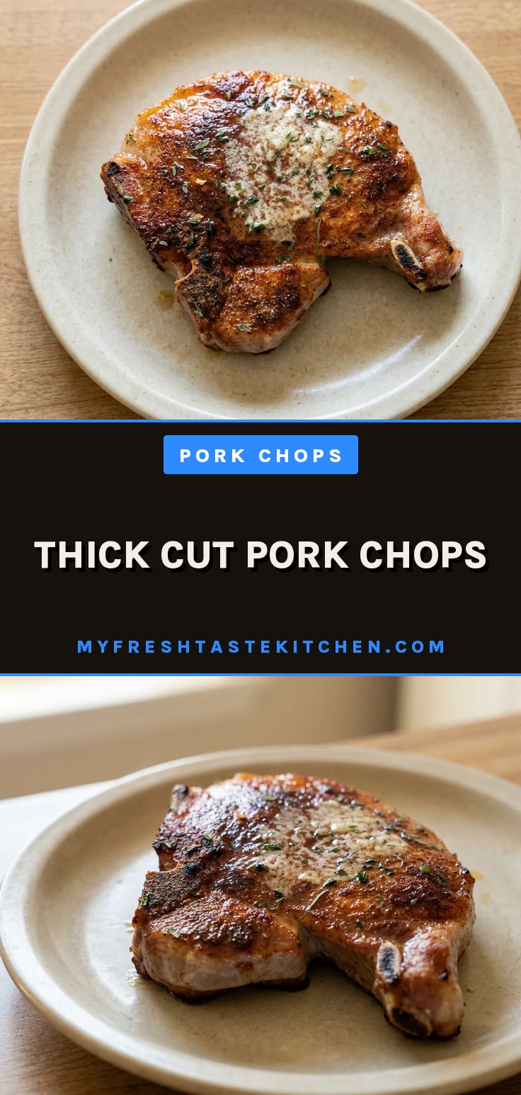 Looking down at two thick pork chops topped with butter and thyme sprigs, seasoned with salt, garlic powder, brown sugar, paprika, and chili powder.