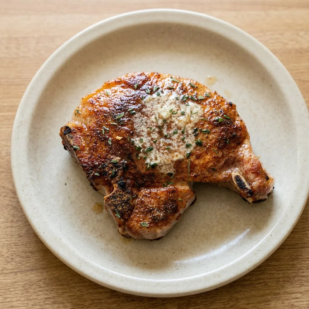 A plate of thick cut pork chops garnished with fresh thyme and a pat of butter, showing a dark spice rub of paprika and chili powder.