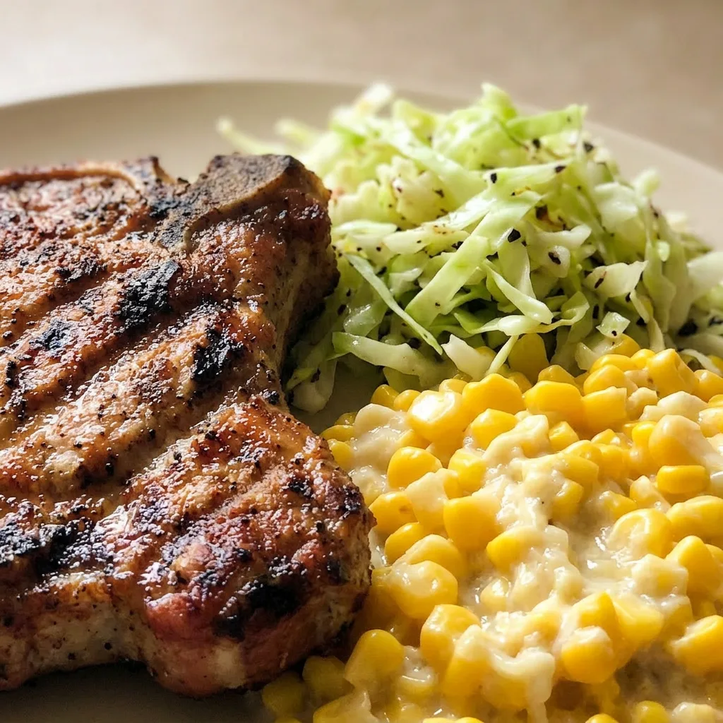 Zoomed in on a single pork chop showing a glossy brown sugar glaze and visible garlic powder specks.