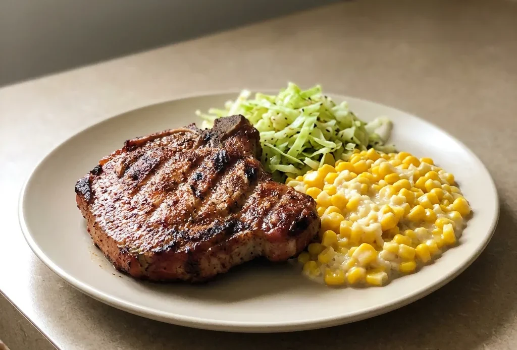 Bird's-eye view of two bone-in pork chops seasoned with paprika and black pepper, with a dark caramelized crust.