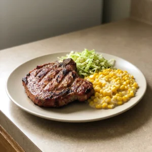 Bird's-eye view of two bone-in pork chops seasoned with paprika and black pepper, with a dark caramelized crust.