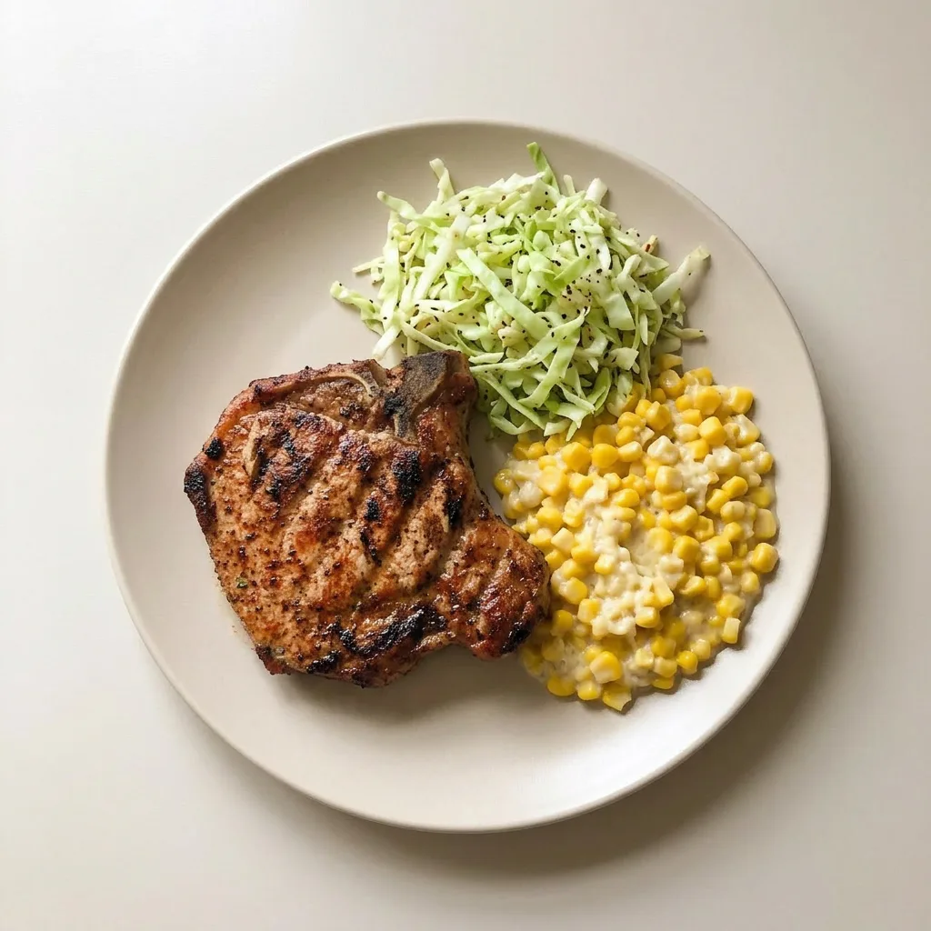 Ready to serve: three bone-in pork chops with a dark, smoky bark and a light dusting of sea salt.