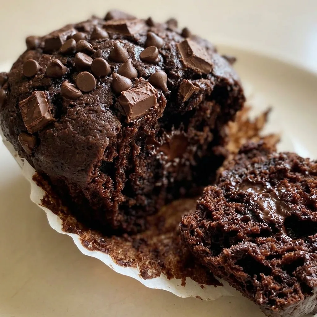 Zoomed in on a brownie muffin's top, showing melted chocolate chips, cocoa powder, and a moist, dense crumb.