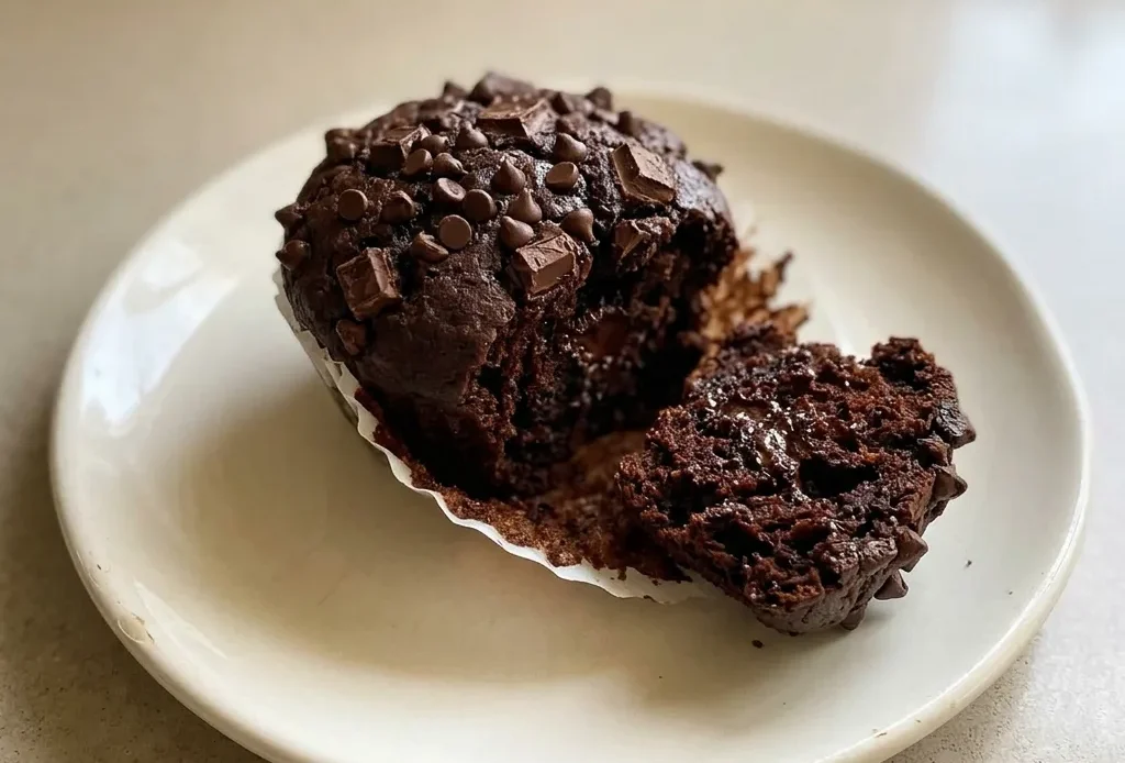 Bird's-eye view of a round brownie muffin with a cracked top, cocoa powder dusting, and visible chocolate chunks and chips.