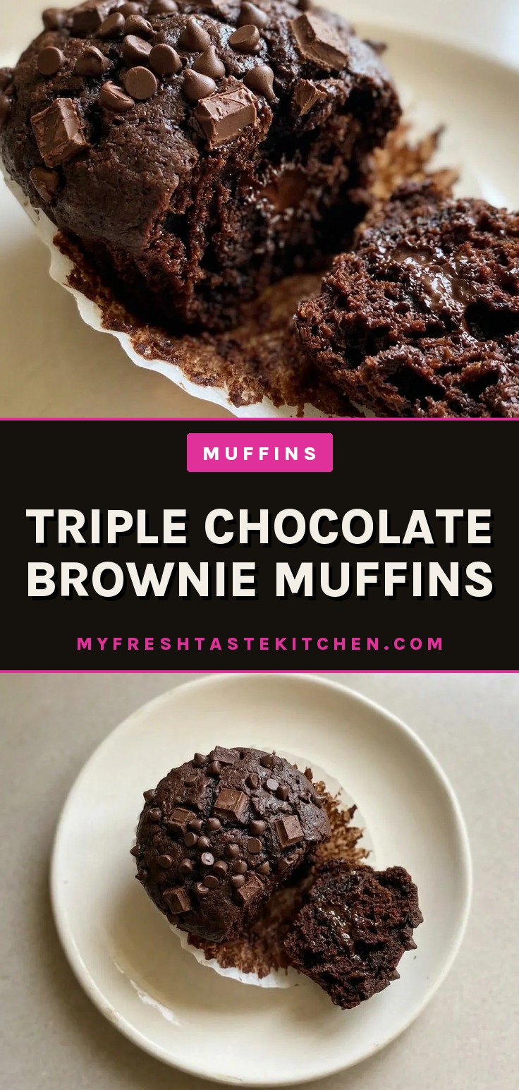 Bird's-eye view of a round brownie muffin with a cracked top, cocoa powder dusting, and visible chocolate chunks and chips.