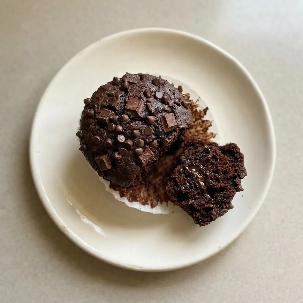 Ready to serve: a chocolate brownie muffin with a domed top, speckled with chocolate chunks and chips.