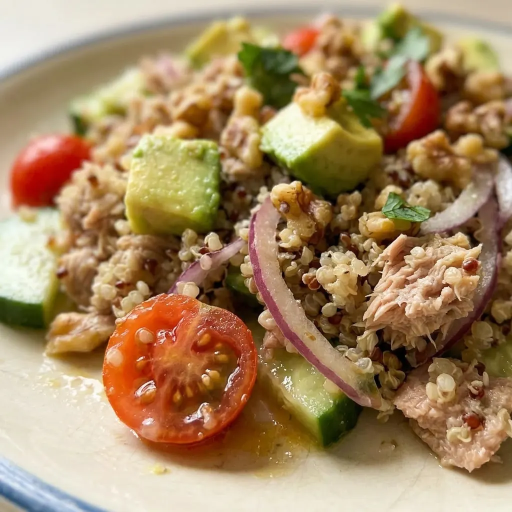 Up close, a forkful of tuna quinoa salad with mixed greens, cherry tomatoes, cucumber, red onion, avocado, and walnuts, coated in lemon-dijon vinaigrette.