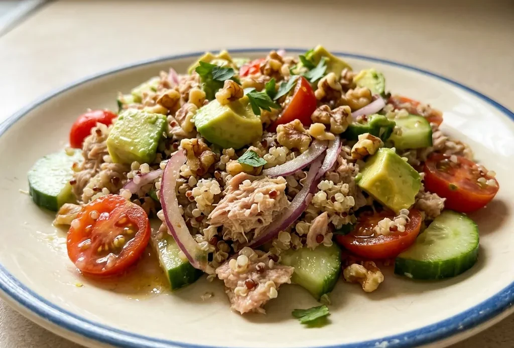 Looking down at a bed of mixed greens topped with flaked tuna, quinoa, halved cherry tomatoes, cucumber slices, red onion rings, avocado chunks, and walnuts, drizzled with vinaigrette.