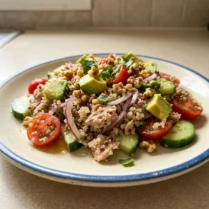 Looking down at a bed of mixed greens topped with flaked tuna, quinoa, halved cherry tomatoes, cucumber slices, red onion rings, avocado chunks, and walnuts, drizzled with vinaigrette.