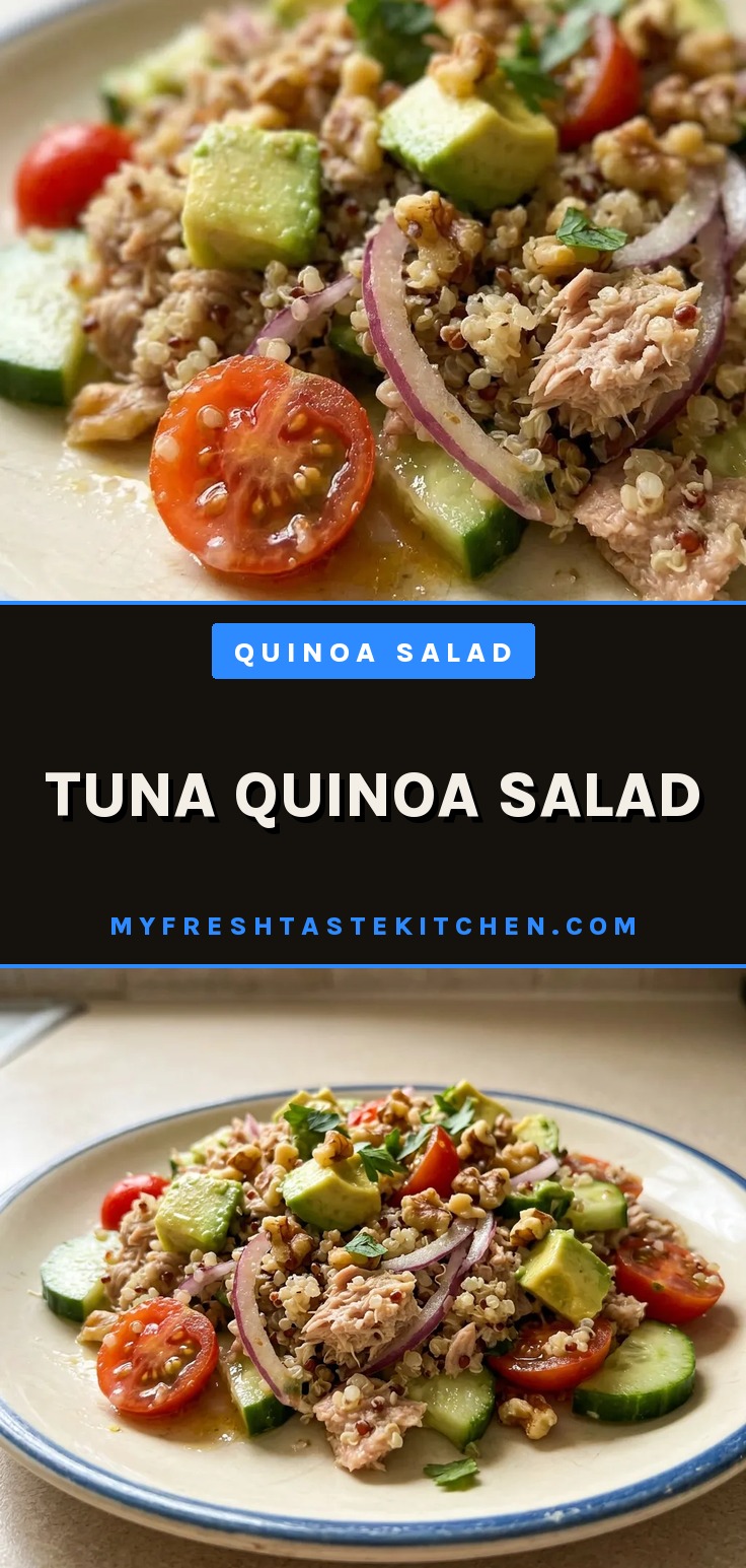 Looking down at a bed of mixed greens topped with flaked tuna, quinoa, halved cherry tomatoes, cucumber slices, red onion rings, avocado chunks, and walnuts, drizzled with vinaigrette.