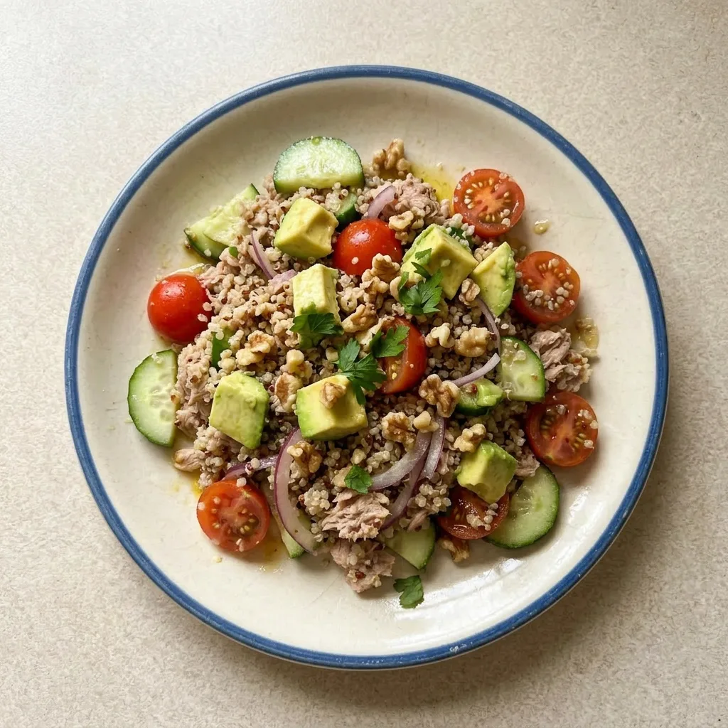 A plate of tuna quinoa salad featuring mixed greens, tuna, quinoa, cherry tomatoes, cucumber, red onion, avocado, and walnuts, with lemon-dijon vinaigrette.