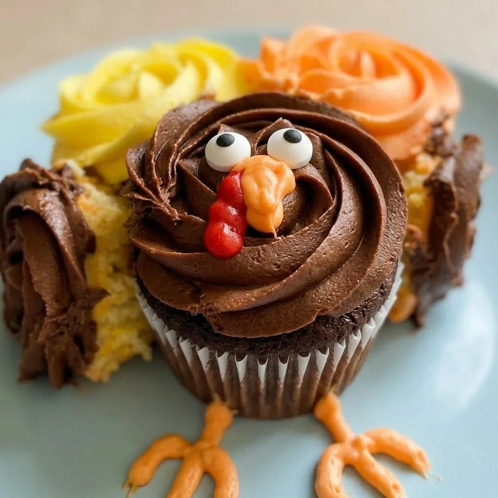 Up close, a cupcake with chocolate frosting and multicolored icing stripes, two candy googly eyes on top.