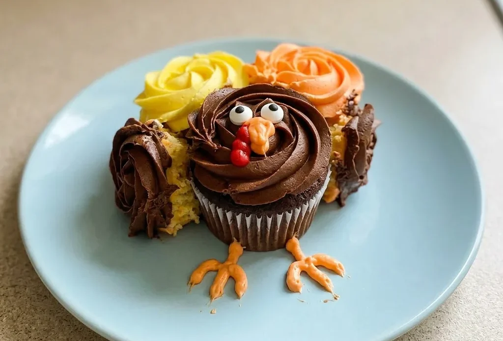 Looking down at cupcakes with chocolate frosting and red, orange, yellow icing stripes, each topped with candy googly eyes.
