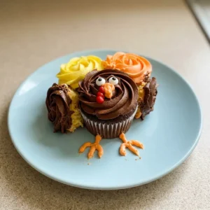 Looking down at cupcakes with chocolate frosting and red, orange, yellow icing stripes, each topped with candy googly eyes.