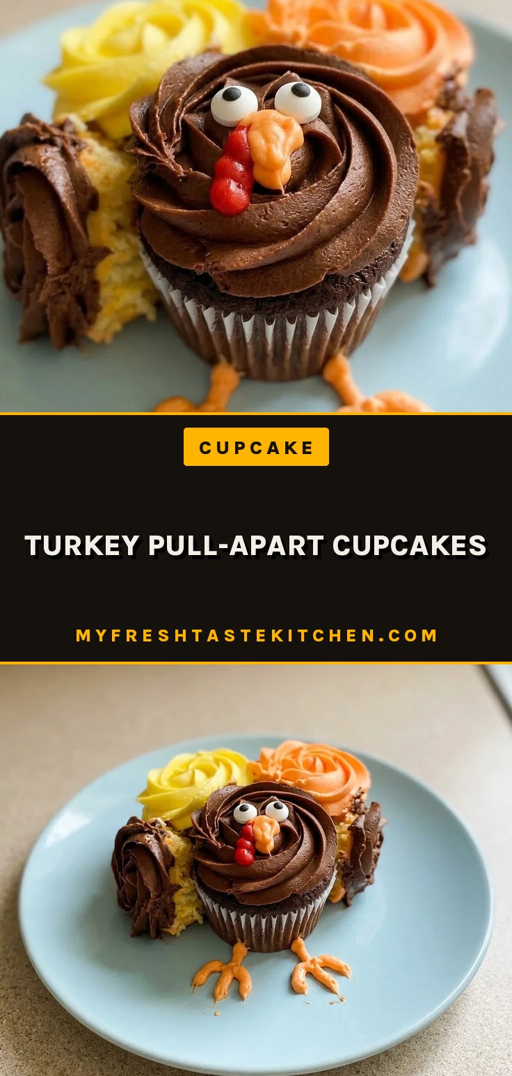 Looking down at cupcakes with chocolate frosting and red, orange, yellow icing stripes, each topped with candy googly eyes.