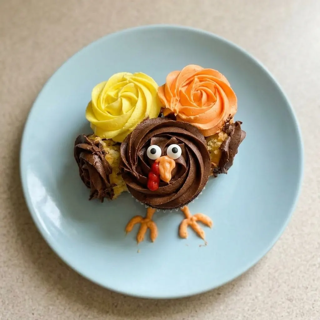 A plate of cupcakes with chocolate frosting, red, orange, yellow icing stripes, and candy googly eyes.