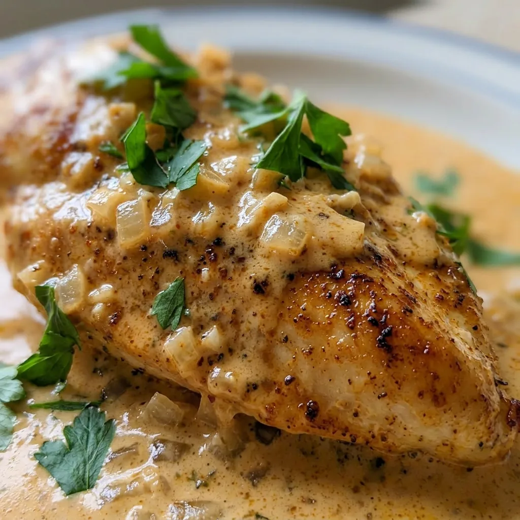 Macro detail of chicken breast glistening with heavy cream sauce, garlic and onion pieces visible, sprinkled with smoked paprika and cumin.