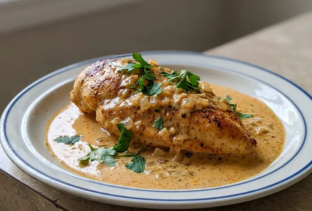 Top-down look at sliced chicken breast in creamy white sauce, topped with smoked paprika and cumin specks.
