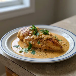 Top-down look at sliced chicken breast in creamy white sauce, topped with smoked paprika and cumin specks.