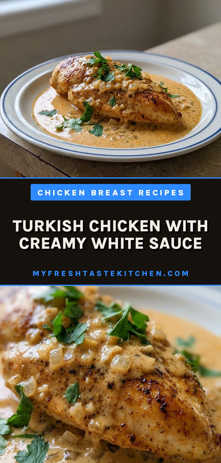 Top-down look at sliced chicken breast in creamy white sauce, topped with smoked paprika and cumin specks.