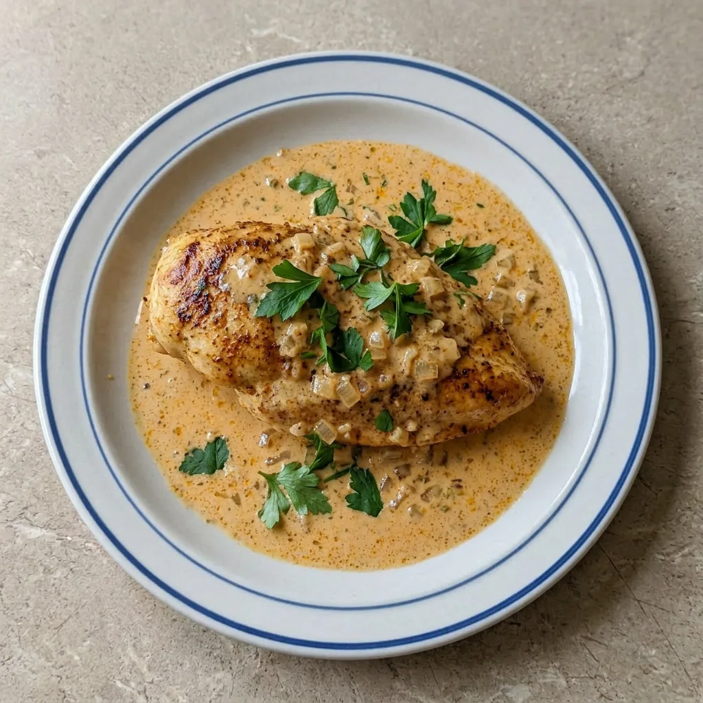 A serving of chicken breast pieces in creamy white sauce, garnished with smoked paprika and cumin, from a slight angle.