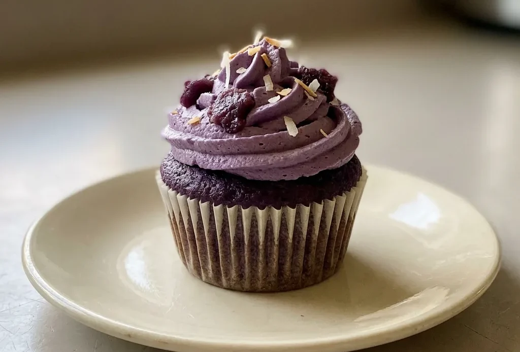 Bird's-eye view of three ube cupcakes with purple frosting, each topped with a dollop of ube jam and a small swirl of cream.