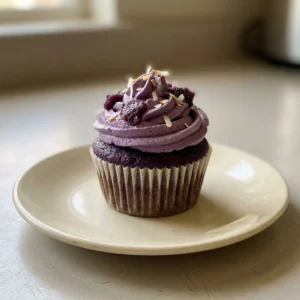Bird's-eye view of three ube cupcakes with purple frosting, each topped with a dollop of ube jam and a small swirl of cream.
