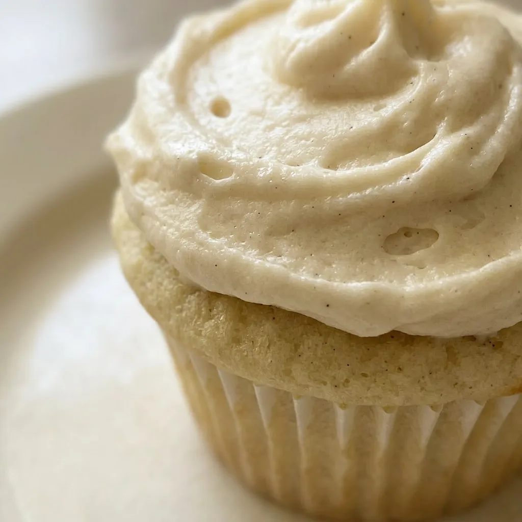 Close view of a vanilla cupcake cake slice revealing moist crumb and buttercream swirls.