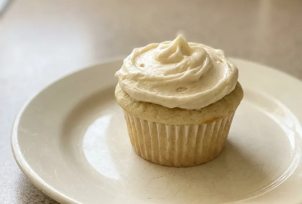 Overhead shot of a white-frosted vanilla cupcake cake with visible butter and vanilla specks.