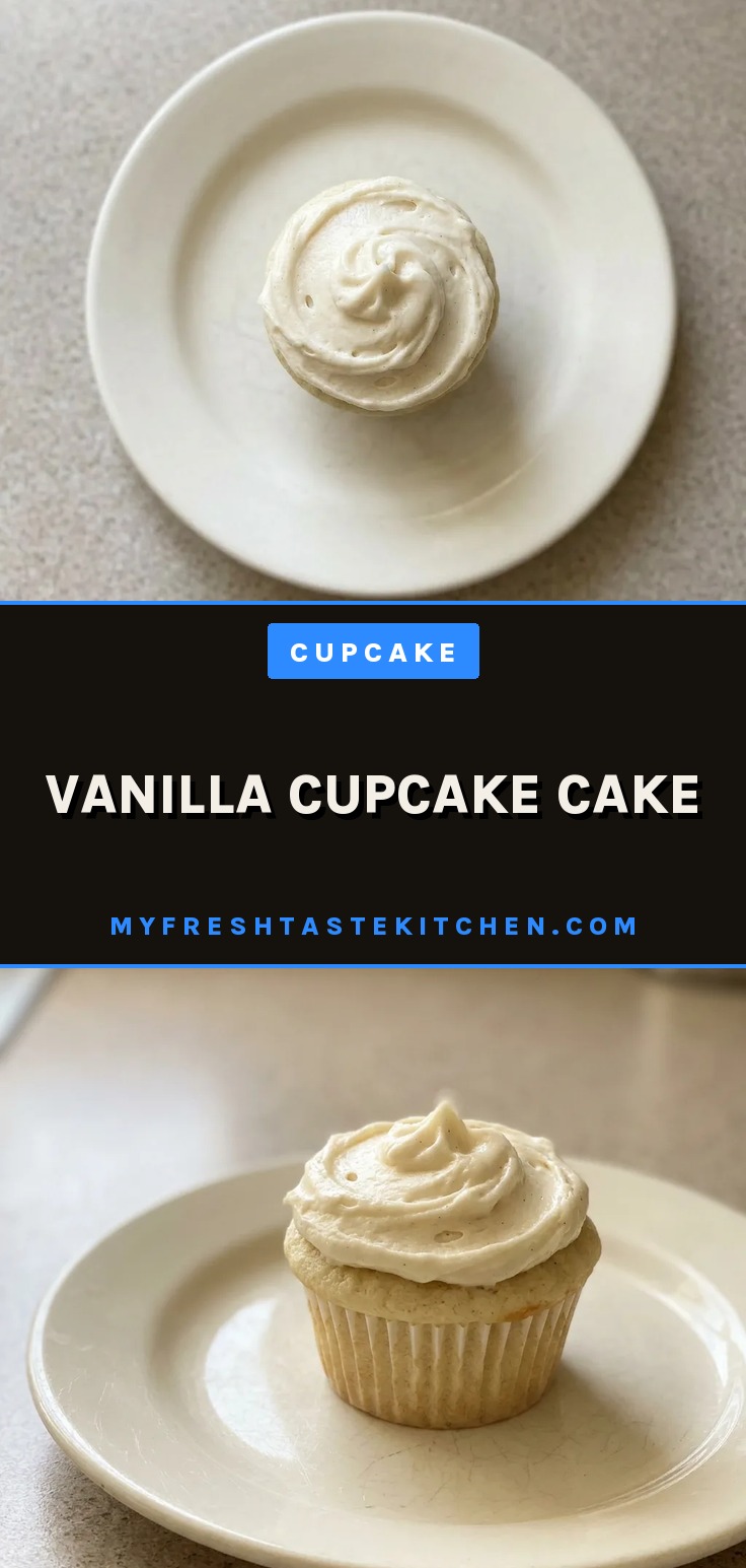 Overhead shot of a white-frosted vanilla cupcake cake with visible butter and vanilla specks.