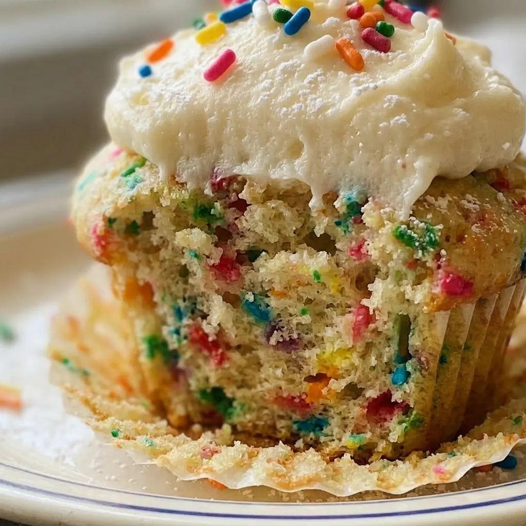 Up close, a vanilla muffin with butter and milk in the crumb, topped with rainbow sprinkles.