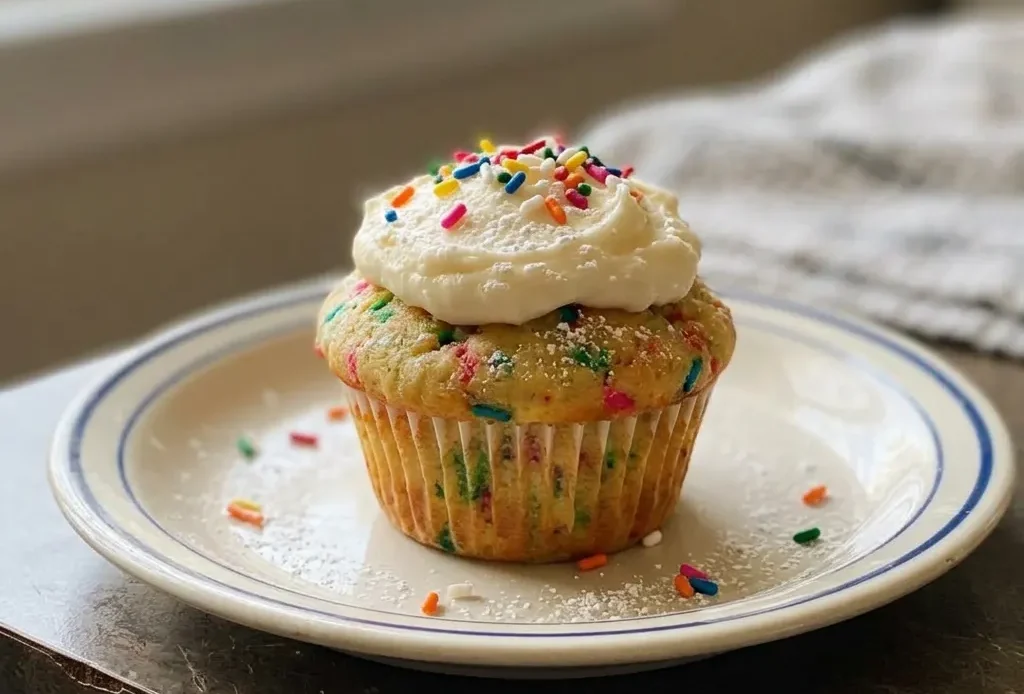 Looking down at a vanilla muffin with rainbow sprinkles on top, butter and milk visible in the crumb.
