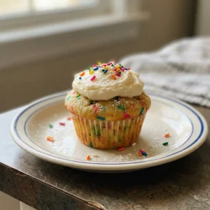 Looking down at a vanilla muffin with rainbow sprinkles on top, butter and milk visible in the crumb.