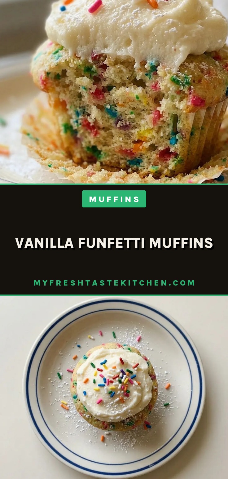 Looking down at a vanilla muffin with rainbow sprinkles on top, butter and milk visible in the crumb.