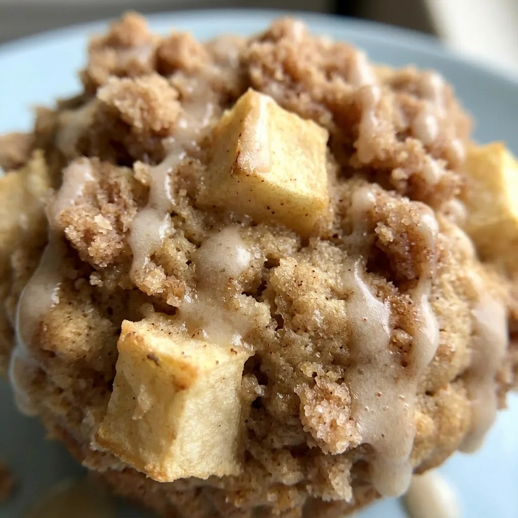 Close view of a muffin with crumbly cinnamon streusel, a slice of apple on top, and visible vanilla specks in the glaze.