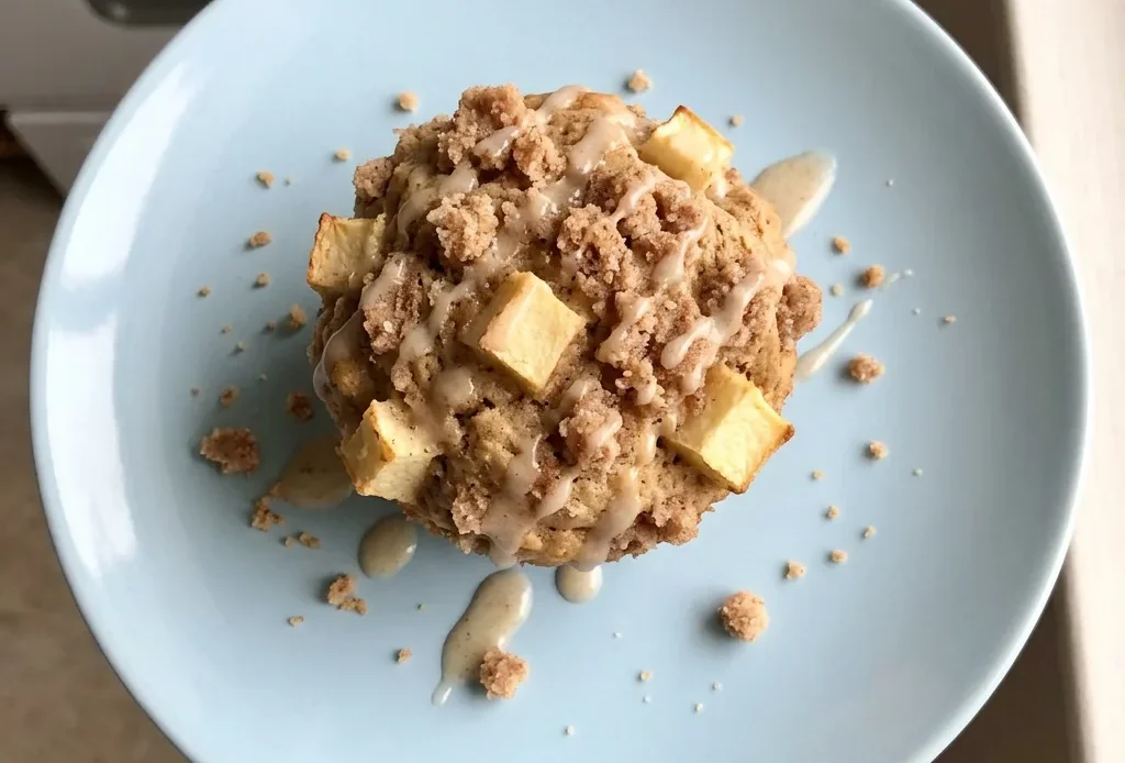 Overhead shot of a round muffin with cinnamon streusel topping, apple slices, and a drizzle of apple cider glaze.