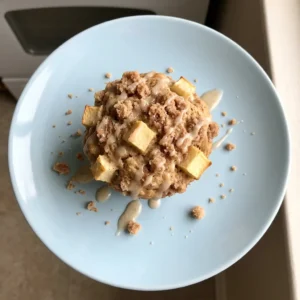 Overhead shot of a round muffin with cinnamon streusel topping, apple slices, and a drizzle of apple cider glaze.