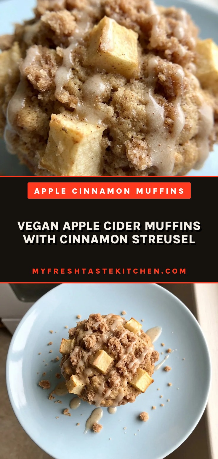 Overhead shot of a round muffin with cinnamon streusel topping, apple slices, and a drizzle of apple cider glaze.