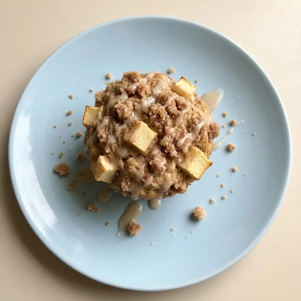 Plated muffin with a generous streusel layer, apple wedge, and a glossy apple cider glaze drizzled over the top.