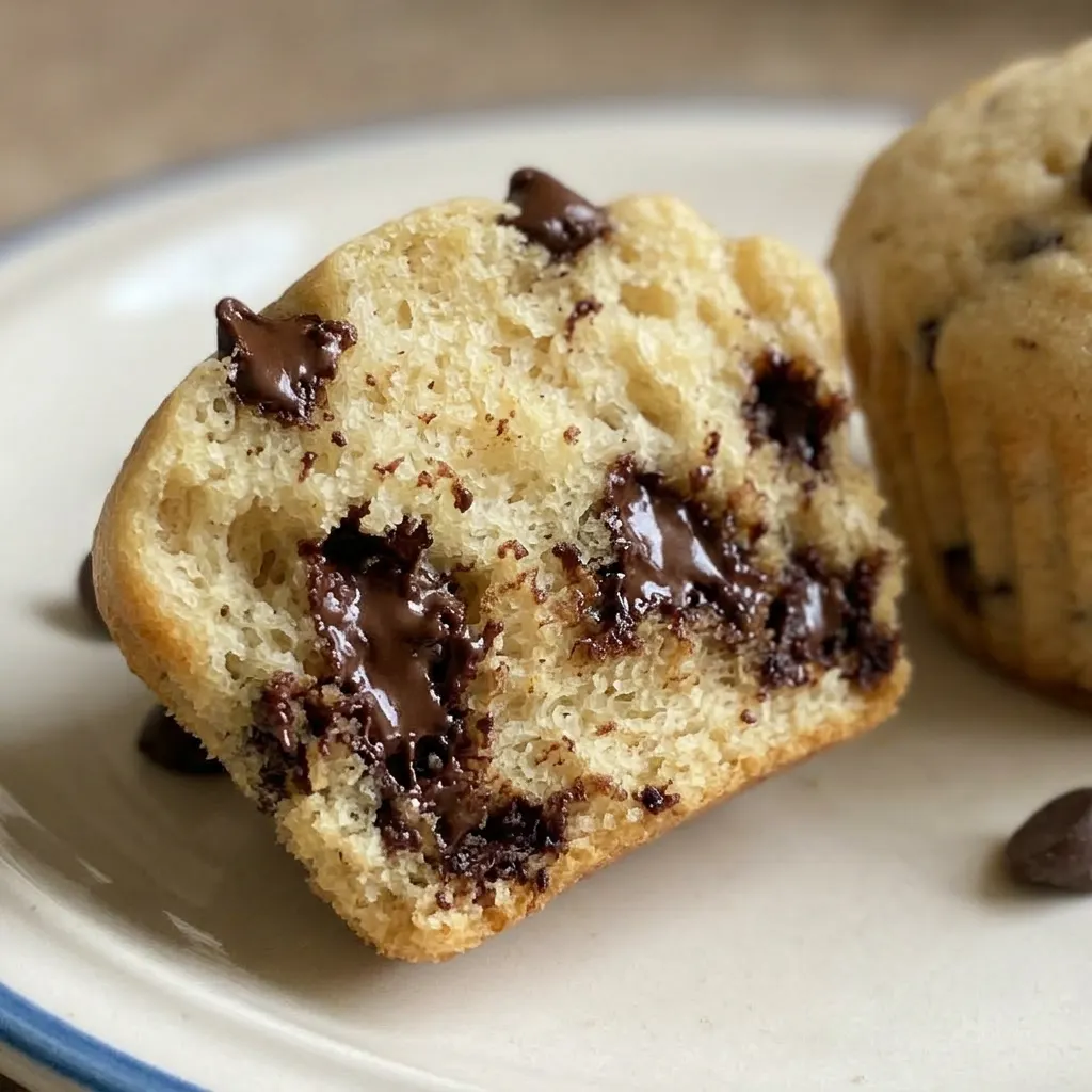 Zoomed in on a single muffin with a cracked, golden-brown top and visible chocolate chips, placed on a dark background.