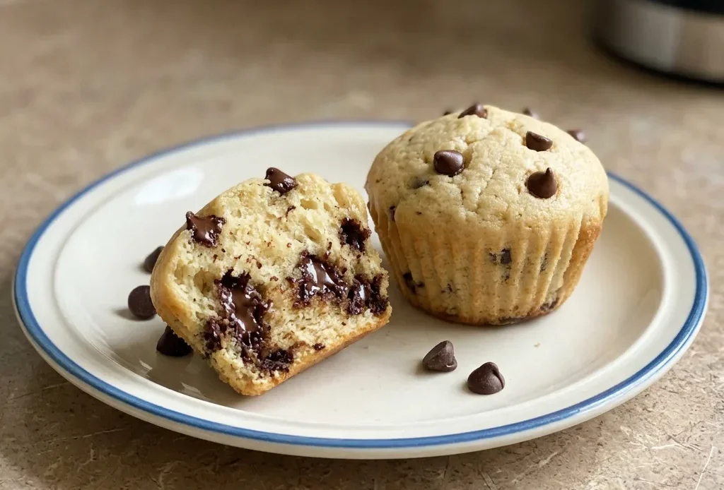 Bird's-eye view of three vegan chocolate chip muffins on a dark surface, showing domed tops studded with chocolate chips.