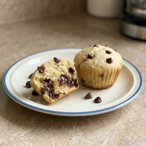 Bird's-eye view of three vegan chocolate chip muffins on a dark surface, showing domed tops studded with chocolate chips.